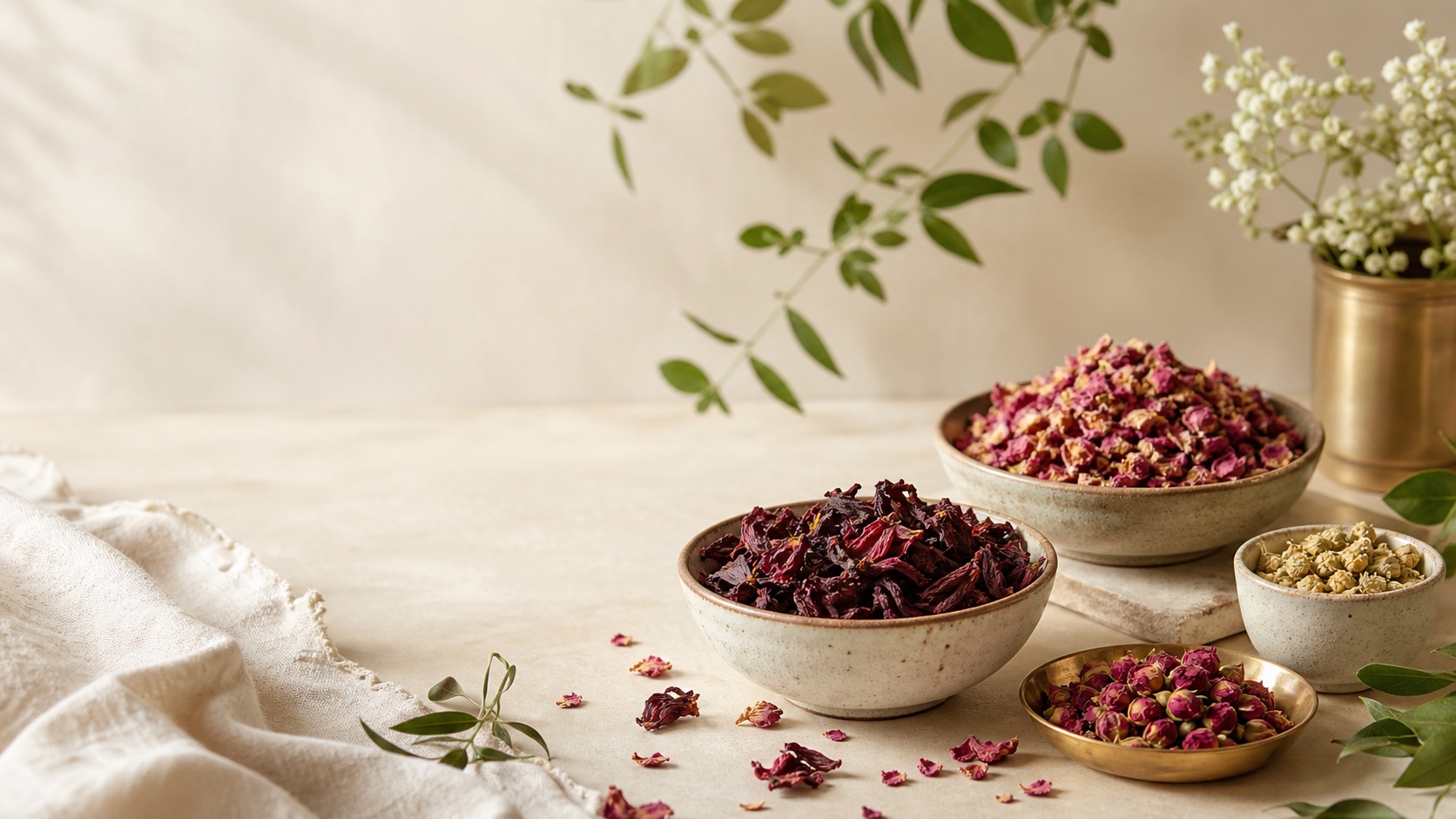Dried edible flowers styled with ceramic bowls and botanical accents
