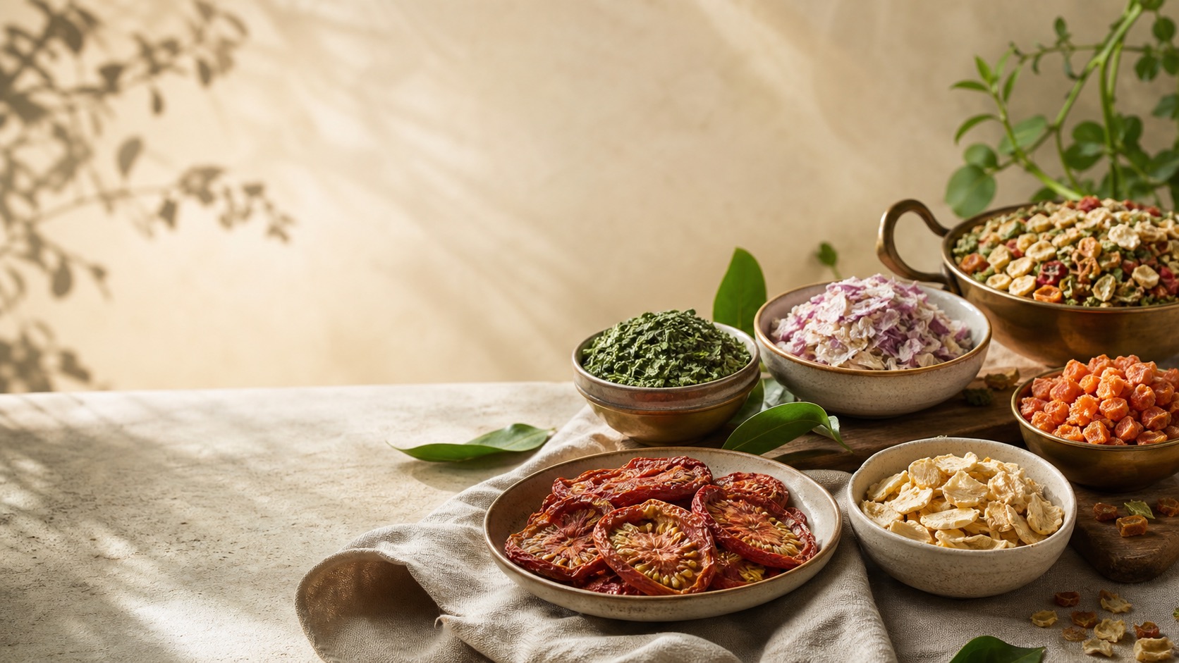 Dehydrated vegetables arranged in premium Indian pantry bowls