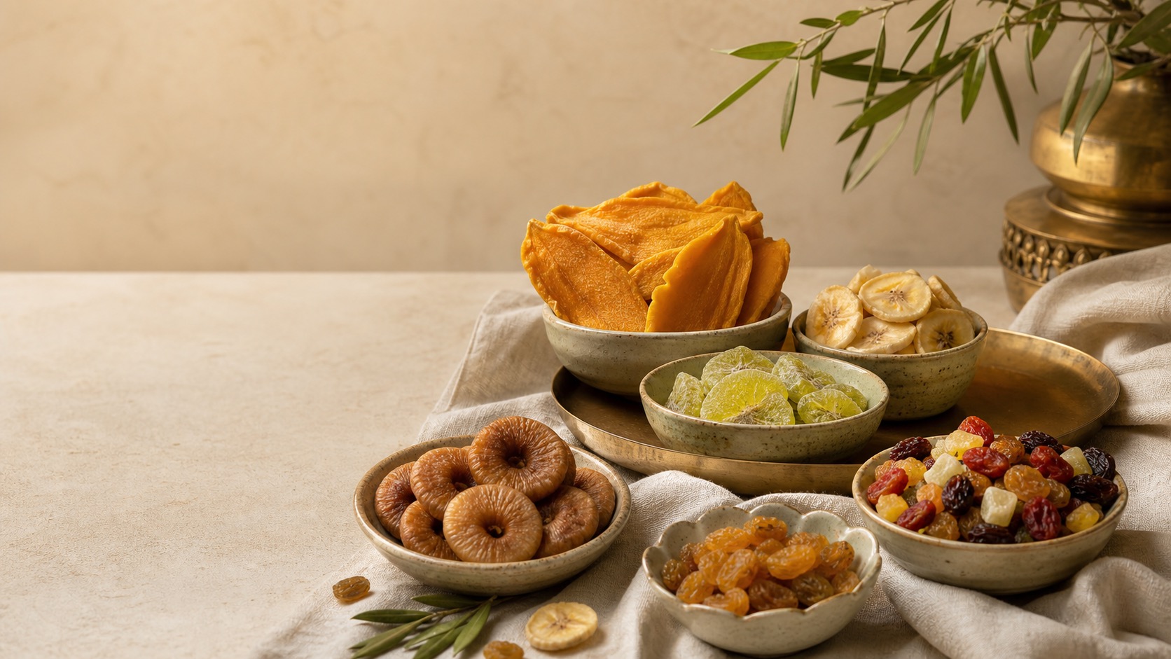 Dried fruits arranged in ceramic bowls for a premium Indian pantry