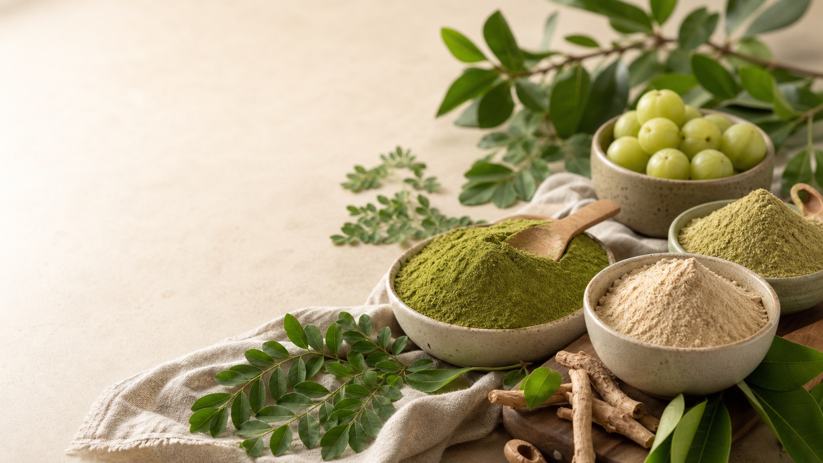 Herbal powders with botanical leaves arranged in a premium wellness pantry scene