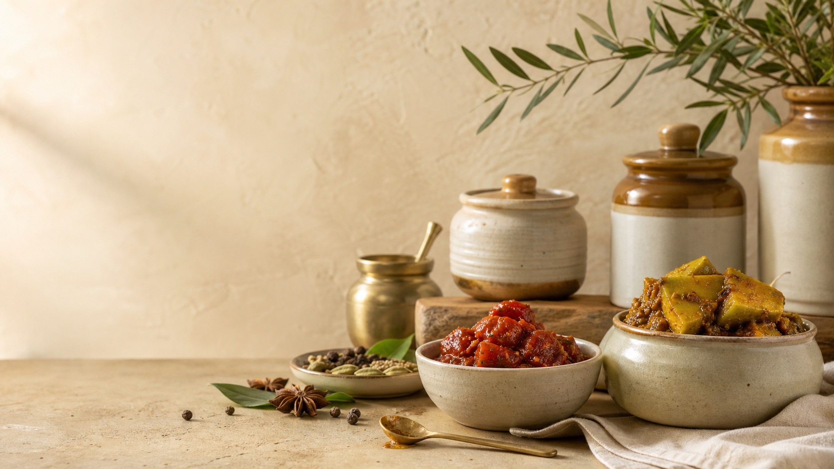 Indian pickles and chutneys styled in ceramic jars and bowls