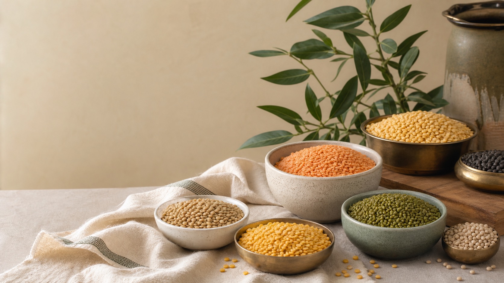 Assorted Indian pulses arranged in premium pantry bowls