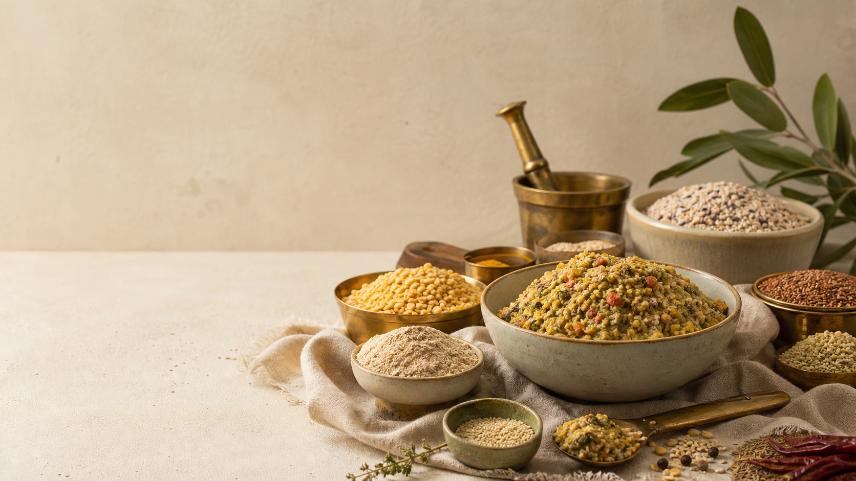 Ready-to-cook Indian mixes arranged with grains pulses and spices