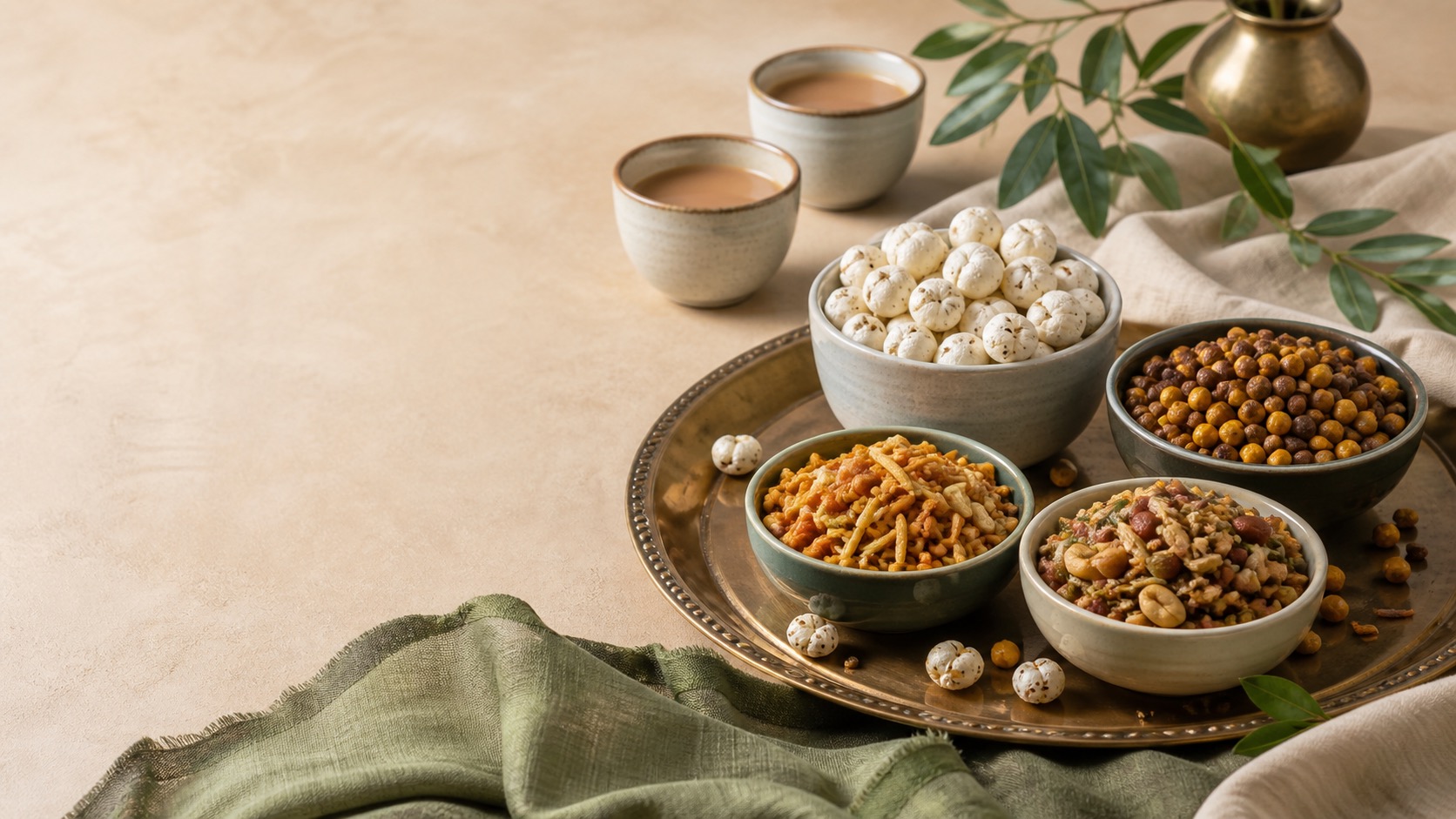 Healthy Indian snacks arranged in bowls for a premium tea-time setting
