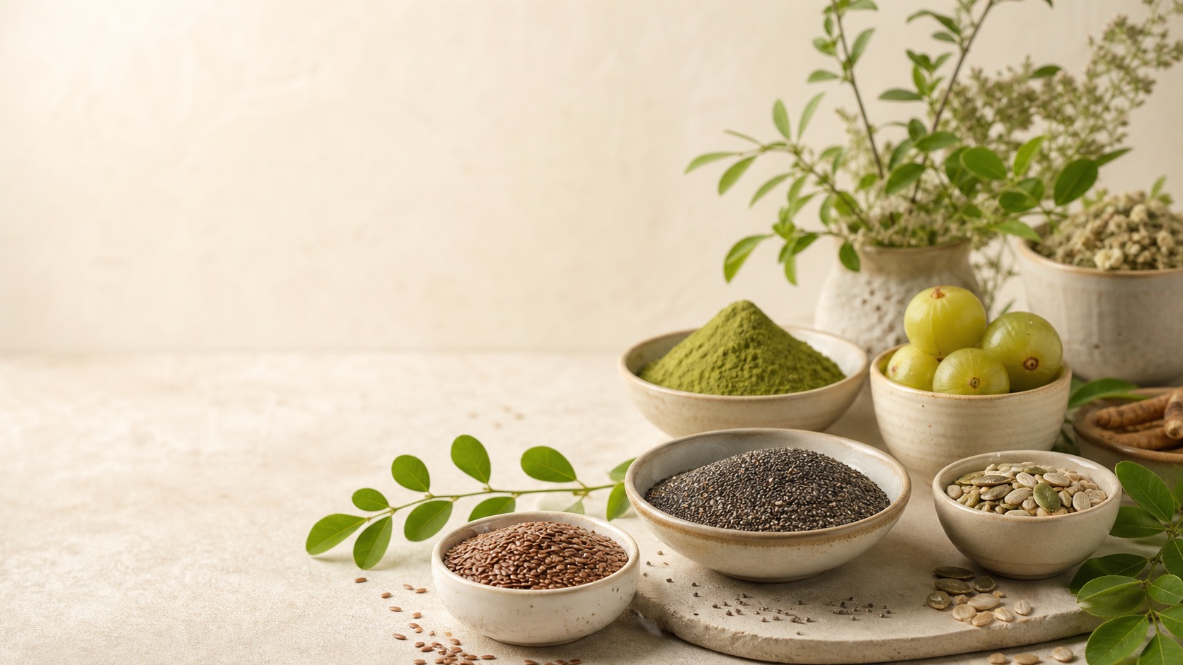 Seeds amla and herbal superfoods arranged in a clean wellness pantry scene