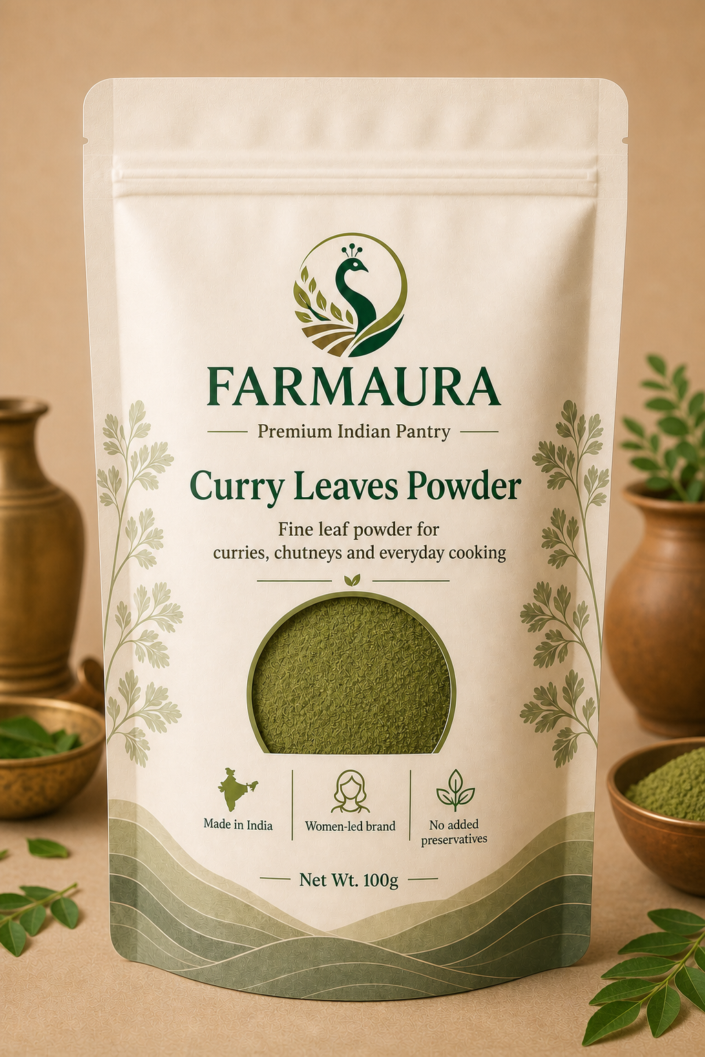 Curry Leaves Powder front package with FarmAura branding