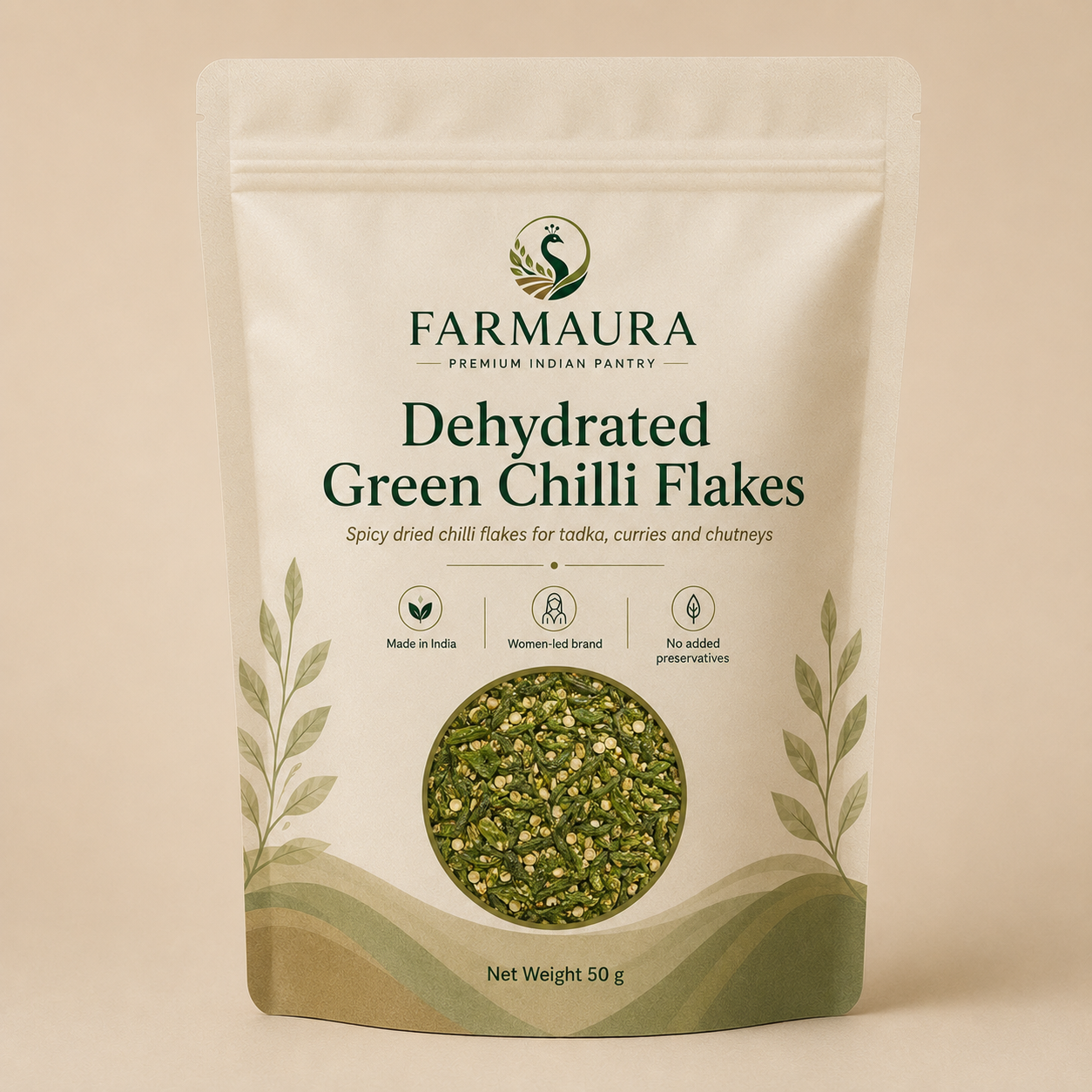 Dehydrated Green Chilli Flakes front package