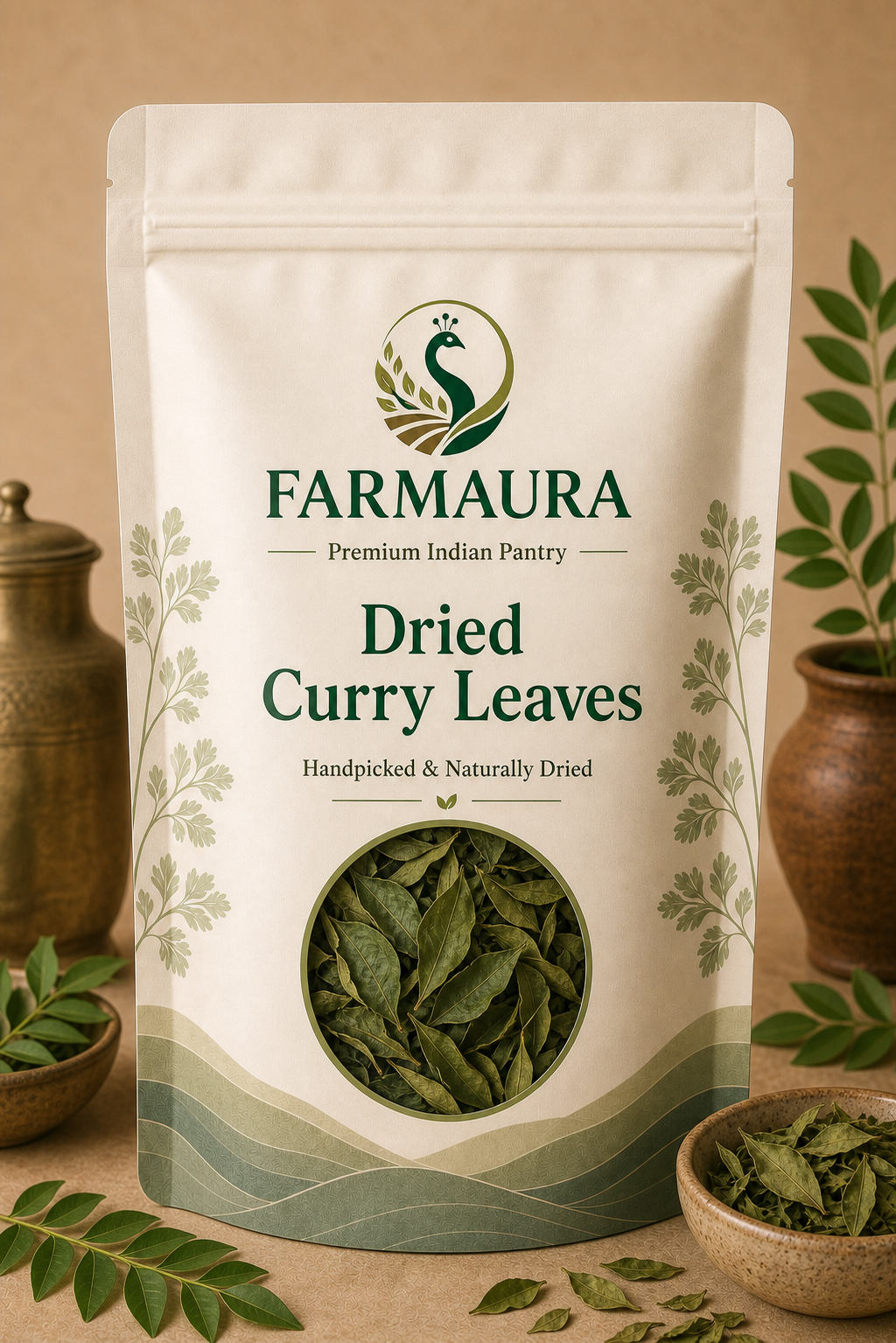 Dried Curry Leaves front package with FarmAura branding