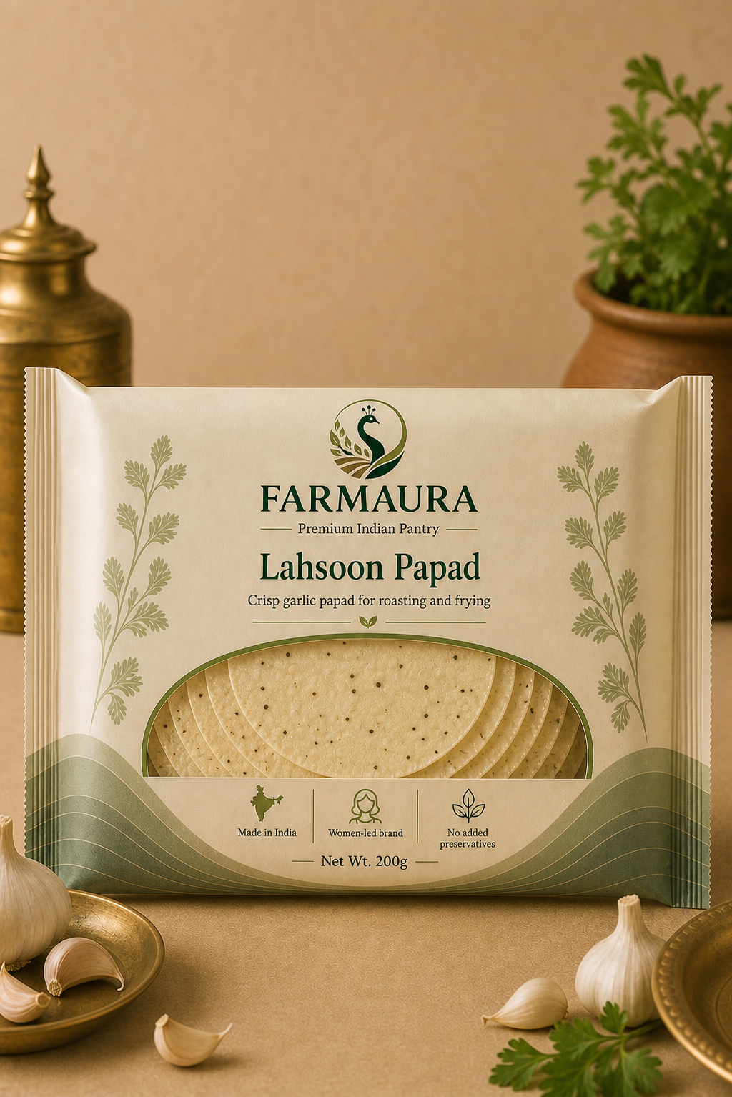 Lahsoon Papad front package with FarmAura branding
