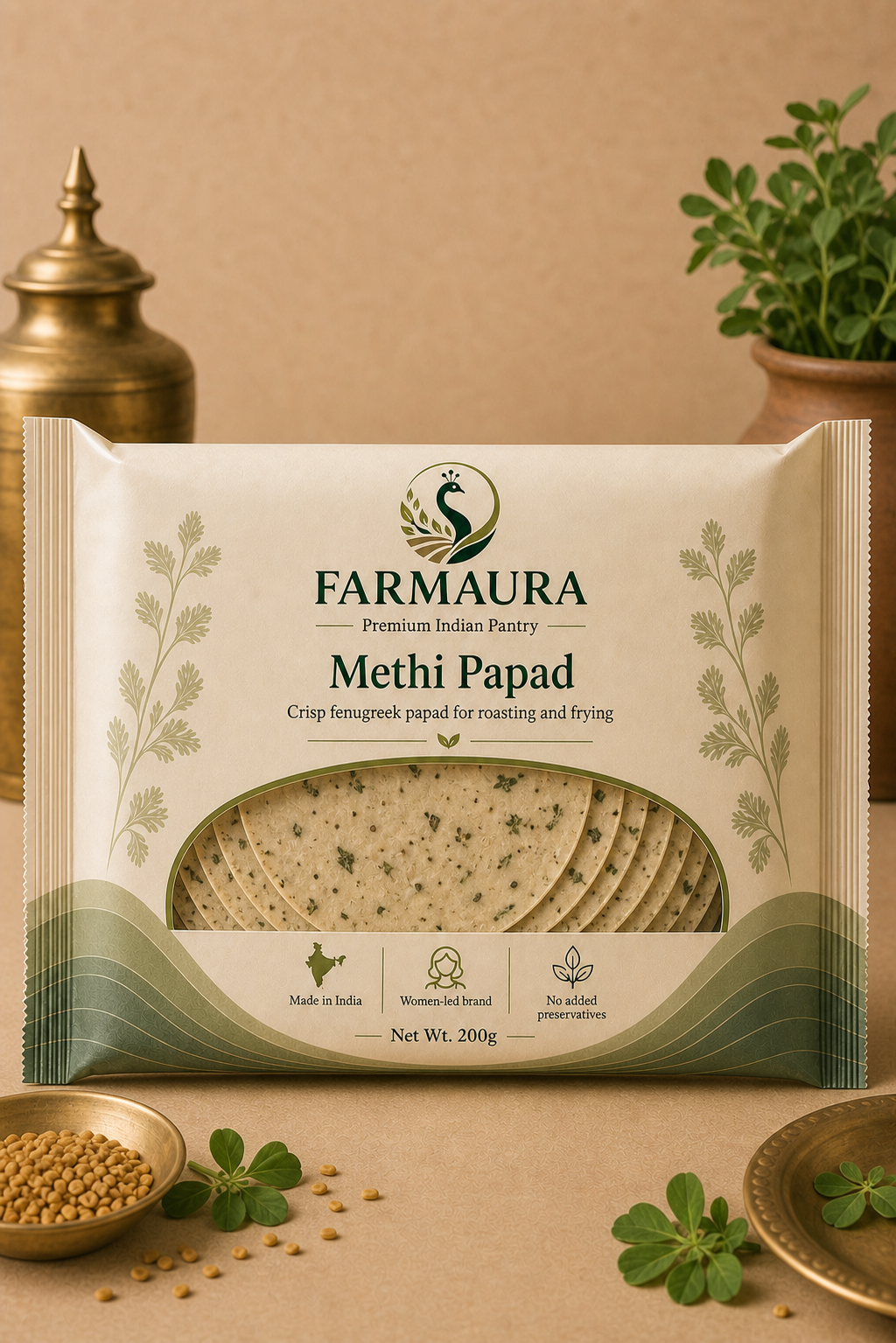 Methi Papad front package with FarmAura branding