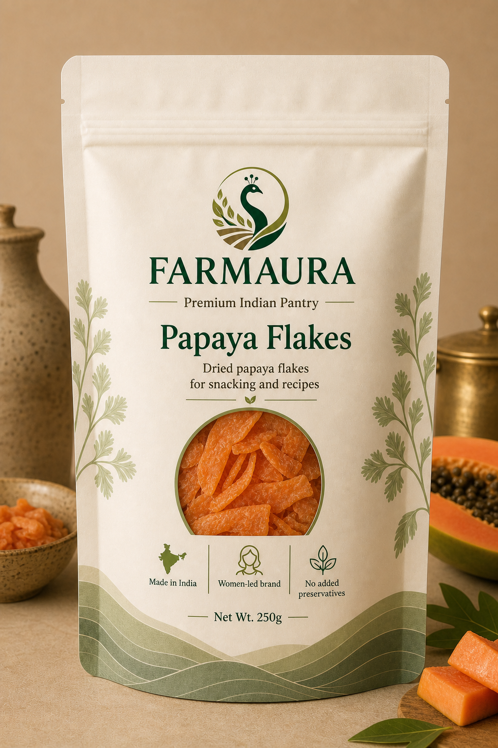 Papaya Flakes front package with FarmAura branding