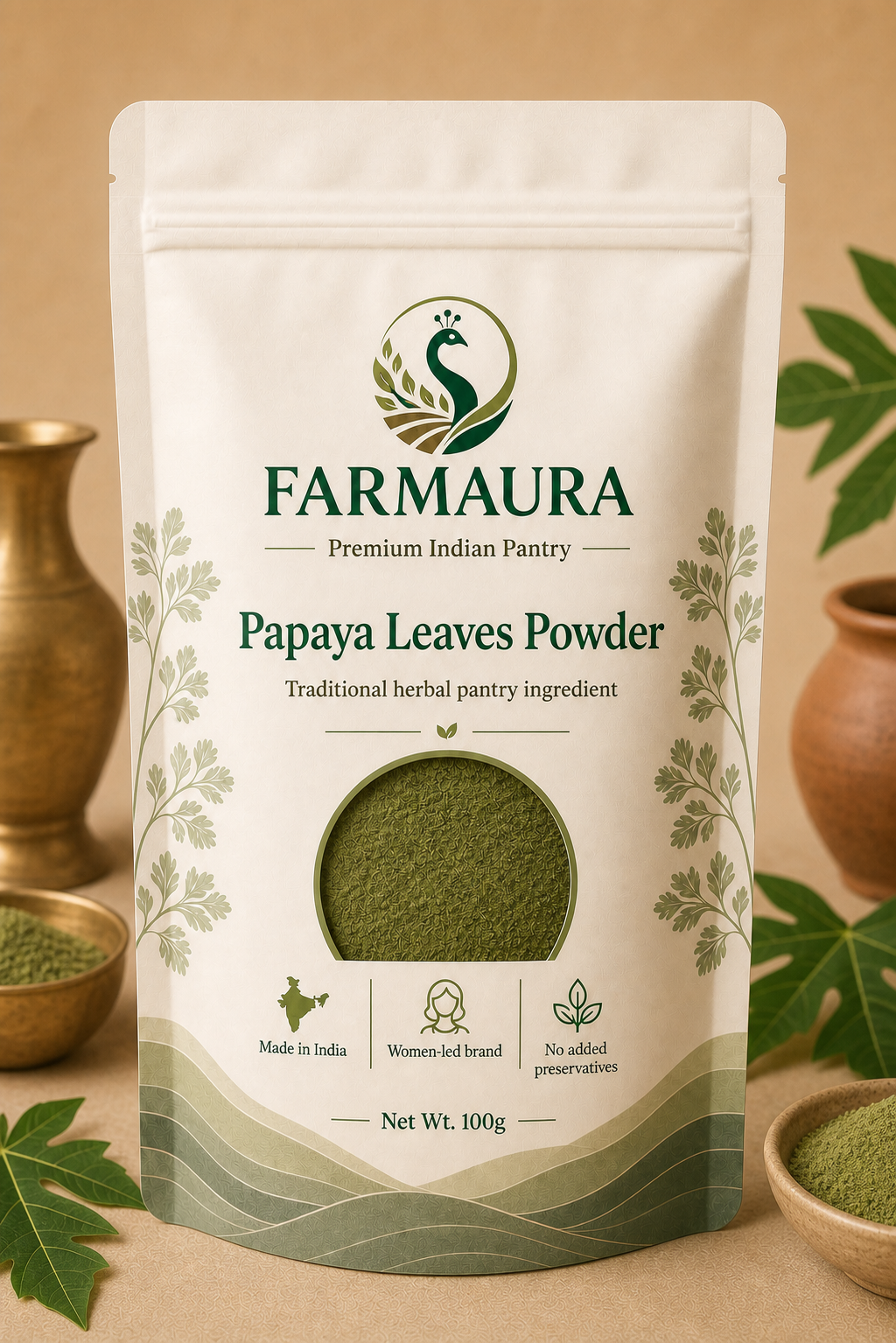 Papaya Leaves Powder front package with FarmAura branding