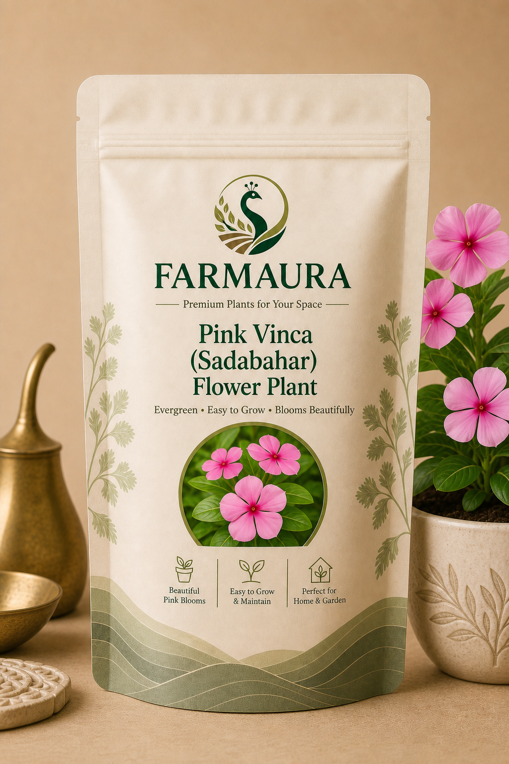 Pink Vinca (Sadabahar) Flower Plant front package with FarmAura branding