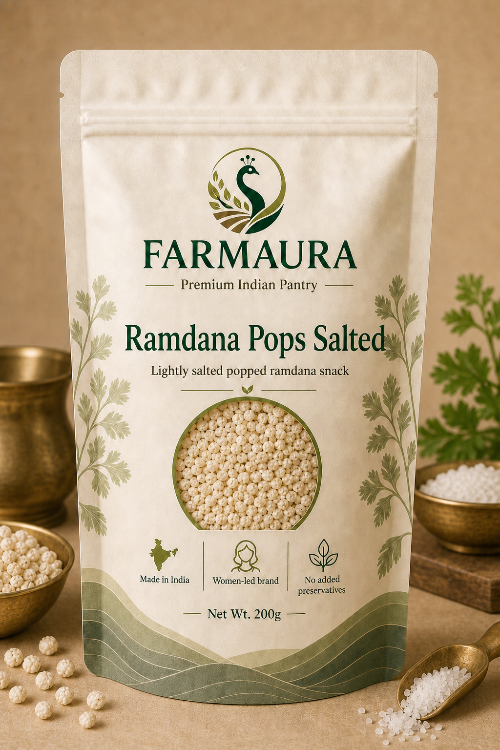 Ramdana Pops Salted front package with FarmAura branding
