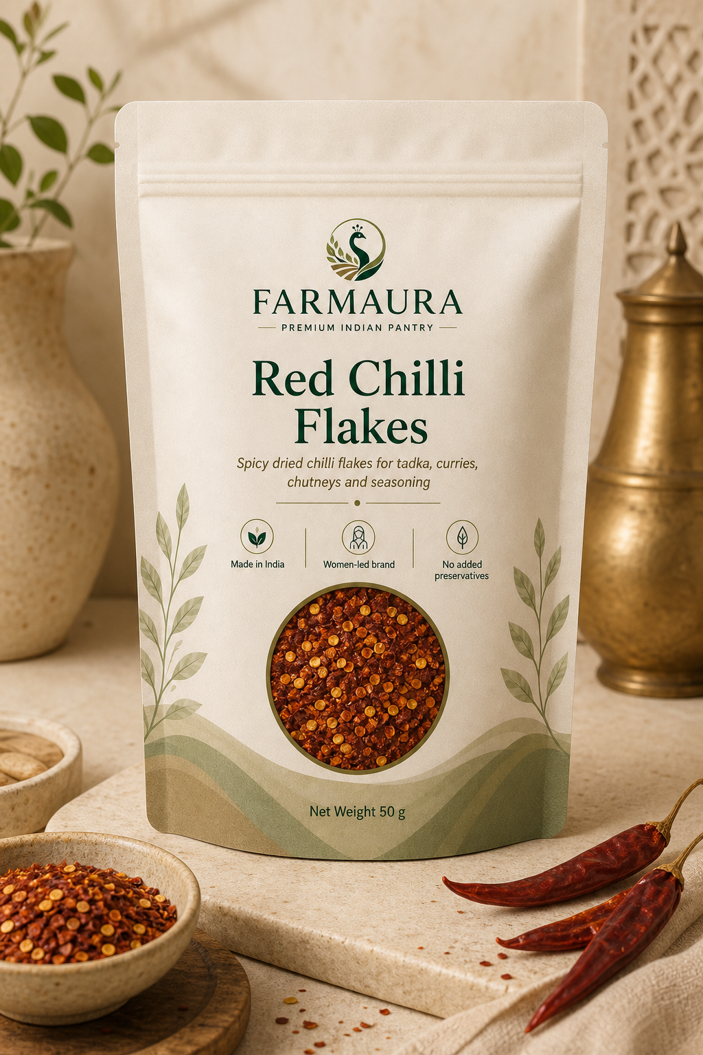 Red Chilli Flakes front package with FarmAura branding