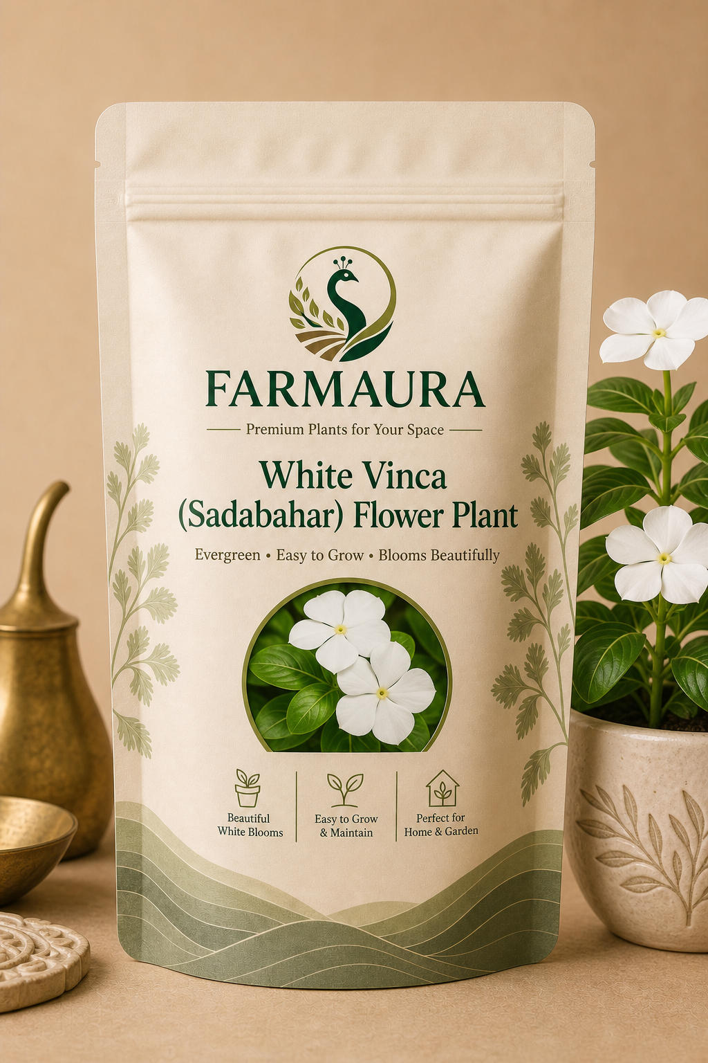 White Vinca (Sadabahar) Flower Plant front package with FarmAura branding